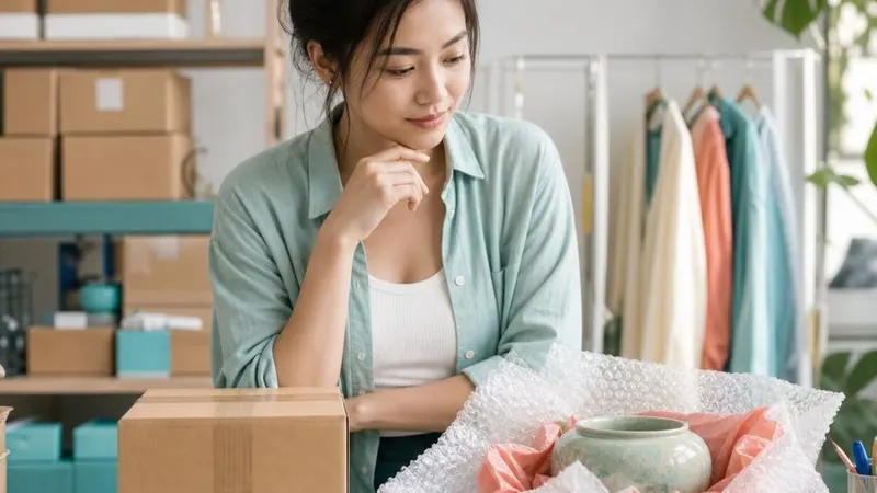 Online seller deciding how to protect a fragile ceramic item for shipment
