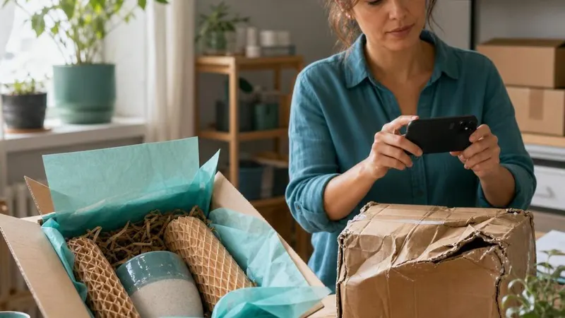 Online seller photographing a damaged parcel beside a protected product