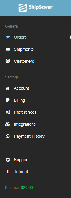 ShipSaver account left navigation menu