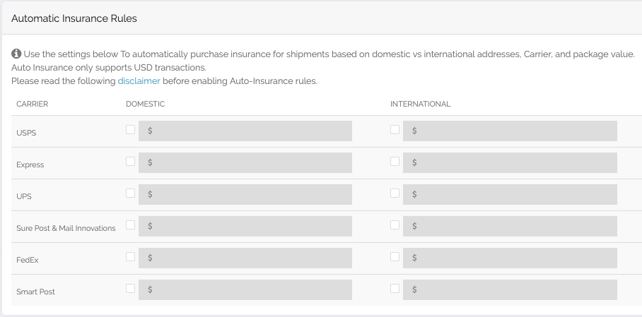 ShipSaver Automatic Insurance Rules settings for domestic and international shipments