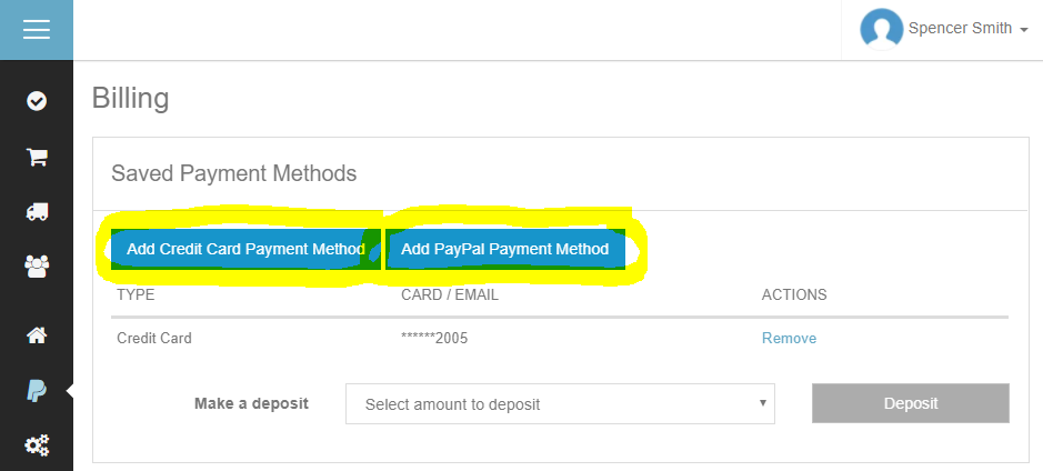 ShipSaver Billing page with Add Credit Card and Add PayPal payment method buttons highlighted