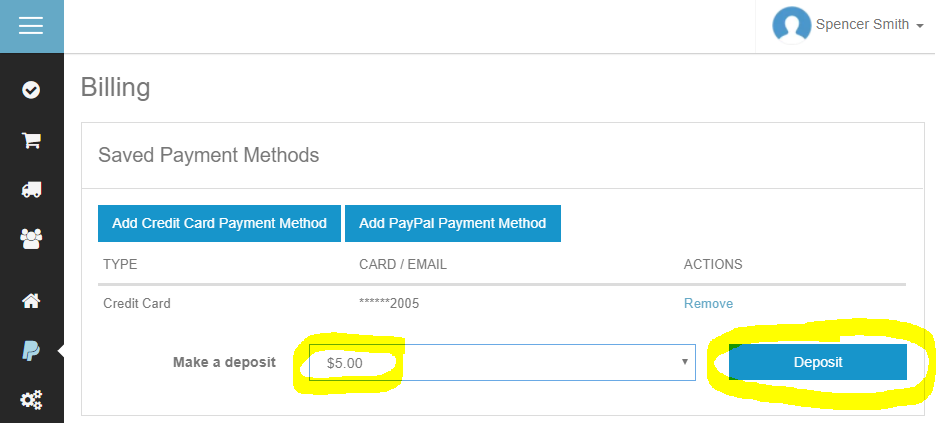 ShipSaver Billing page with deposit amount and Deposit button highlighted
