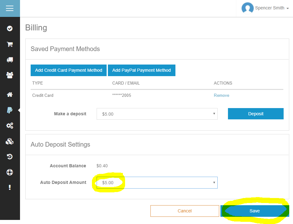 ShipSaver Billing page with Auto Deposit Amount and Save button highlighted
