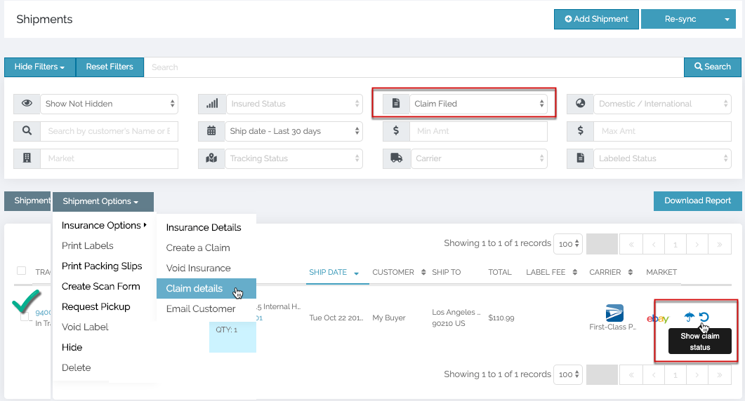 ShipSaver Shipments page with claim filters, claim details, and claim status controls highlighted