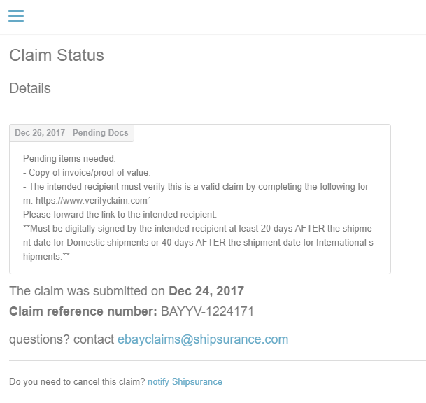ShipSaver Claim Status page showing pending documentation and claim reference details