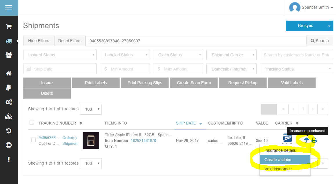ShipSaver Shipments page with Create a claim highlighted in the insurance menu