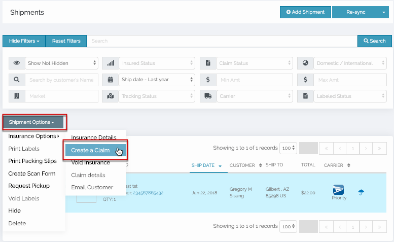 ShipSaver Shipment Options menu with Create a Claim highlighted