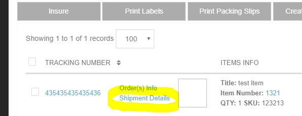 ShipSaver shipment row with the Shipment Details link highlighted