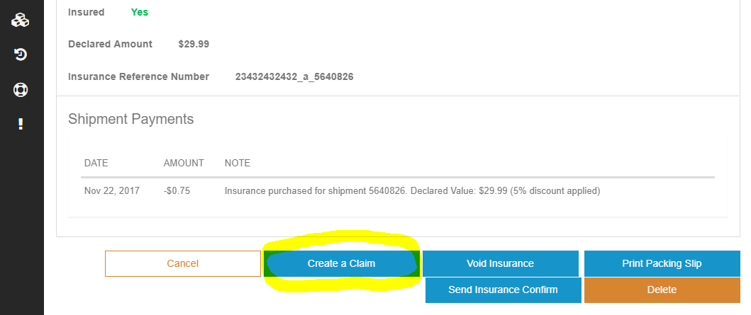 ShipSaver Shipment Details page with the Create a Claim button highlighted
