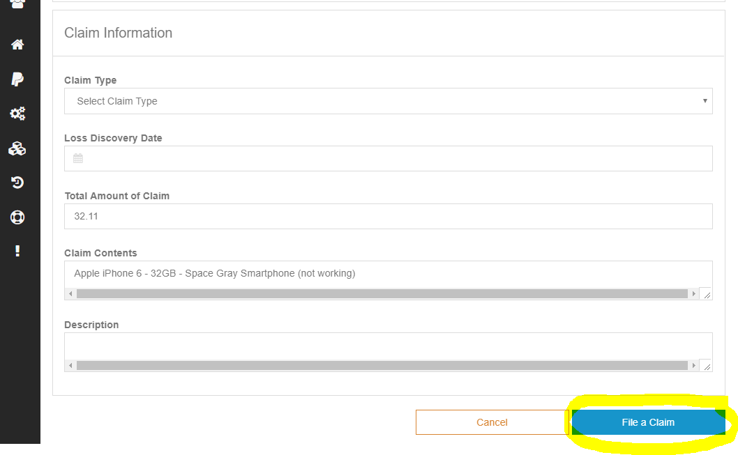 ShipSaver claim information form with the File a Claim button highlighted