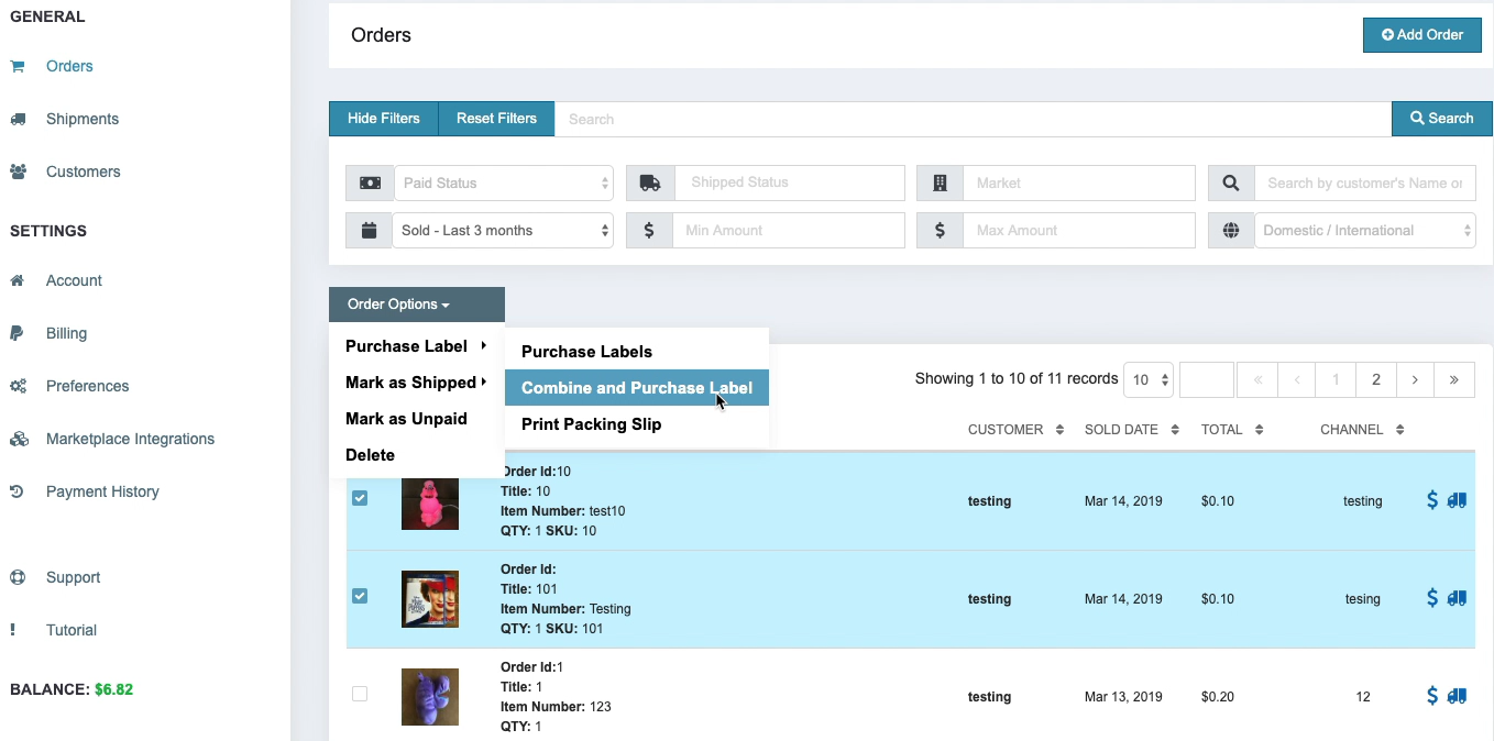 ShipSaver Orders page with multiple orders selected and Combine and Purchase Label highlighted