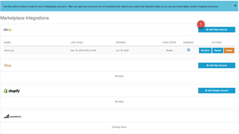 ShipSaver Marketplace Integrations page with the Add eBay Account button highlighted