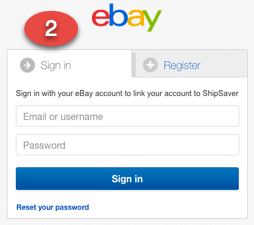 eBay sign-in screen used to connect an eBay account to ShipSaver