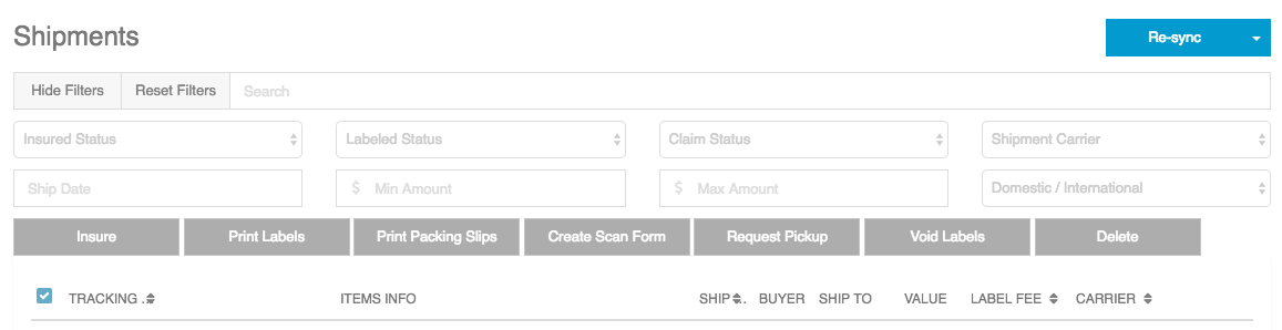 ShipSaver Shipments page with the Re-sync button
