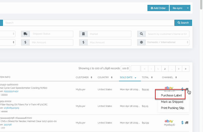 ShipSaver Orders page with the single-order Purchase Label action highlighted