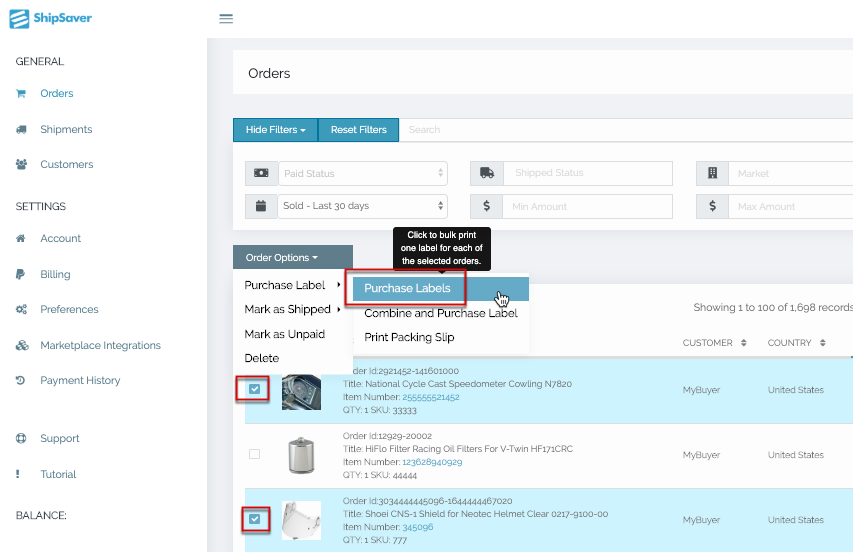 ShipSaver Orders page with selected orders and the Purchase Labels option highlighted
