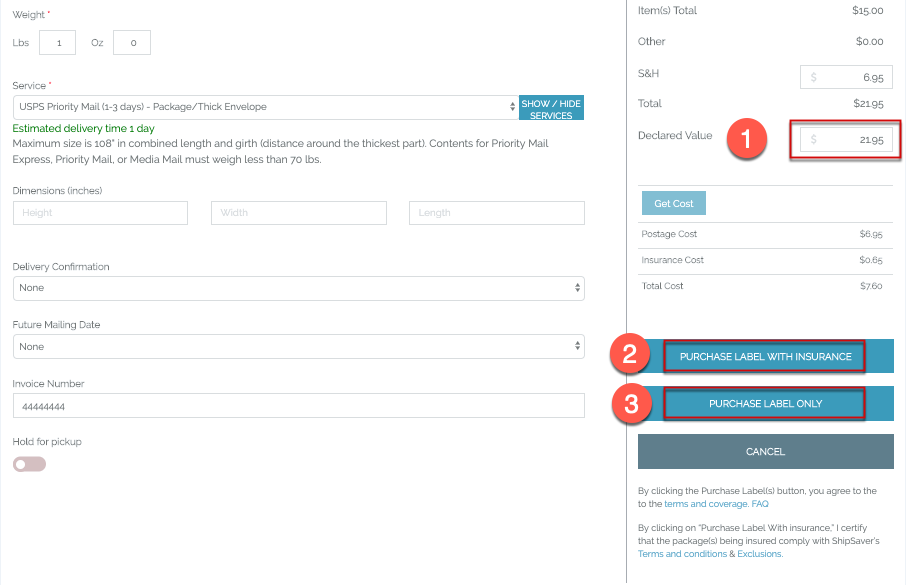 ShipSaver label purchase form with declared value and label purchase options highlighted
