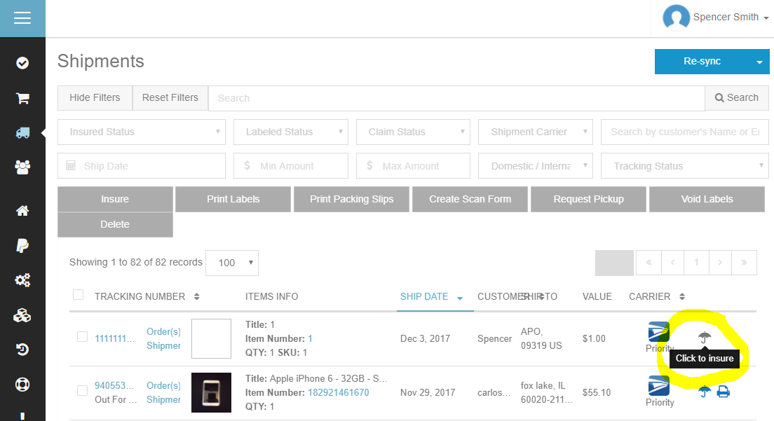 ShipSaver Shipments page with the single-shipment insure icon highlighted