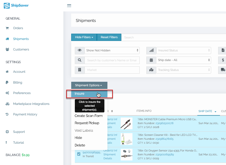 ShipSaver Shipments page with the Insure option for selected shipments highlighted