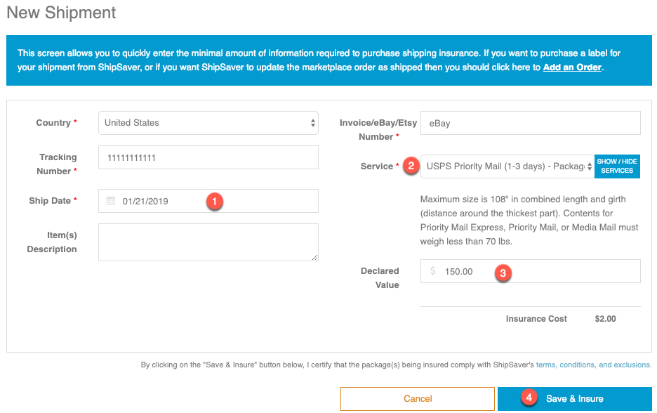 ShipSaver New Shipment insurance form with ship date, service, declared value, and Save and Insure highlighted