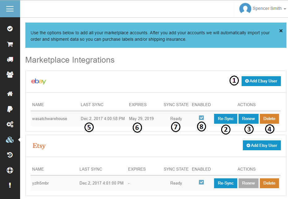 ShipSaver Marketplace Integrations page with numbered marketplace account controls