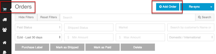 ShipSaver Orders page with the Add Order button highlighted