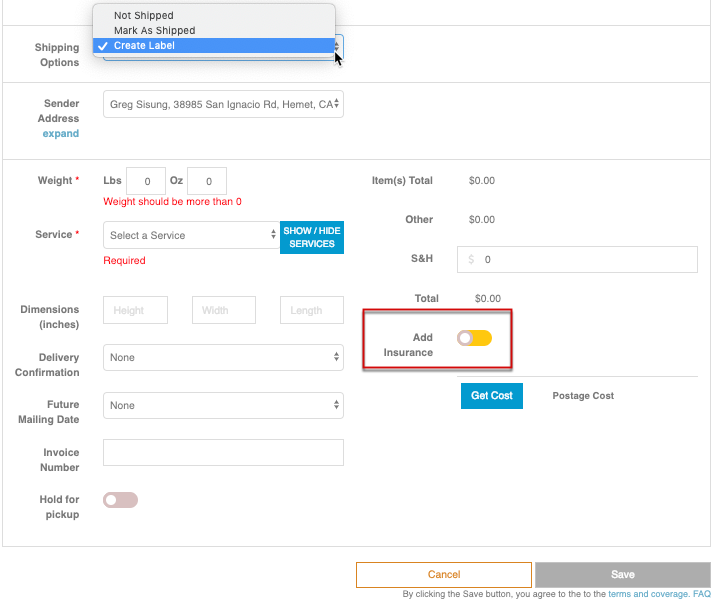 Shipping Options menu with Create Label and Add Insurance highlighted