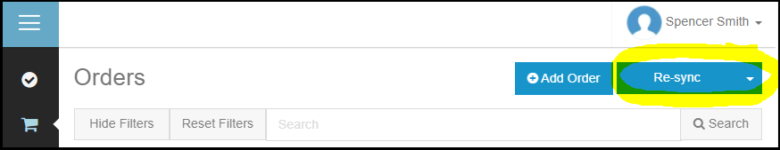 ShipSaver Orders page with the Re-sync button highlighted