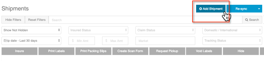 ShipSaver Shipments page with the Add Shipment button highlighted