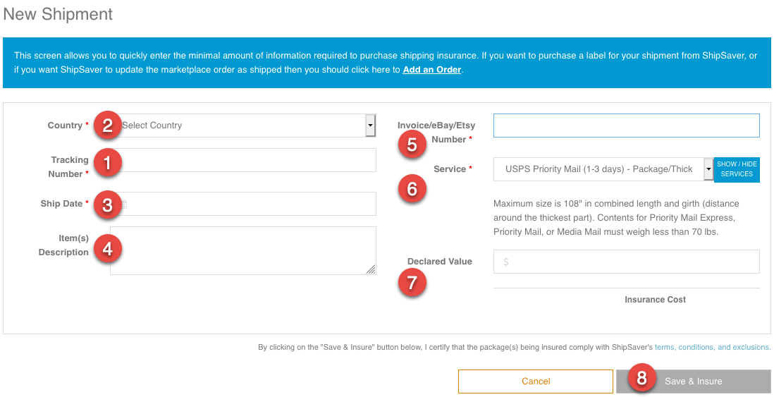 ShipSaver New Shipment form with required insurance fields numbered