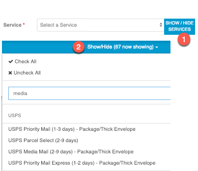 ShipSaver carrier service selector with the Show and Hide Services controls highlighted