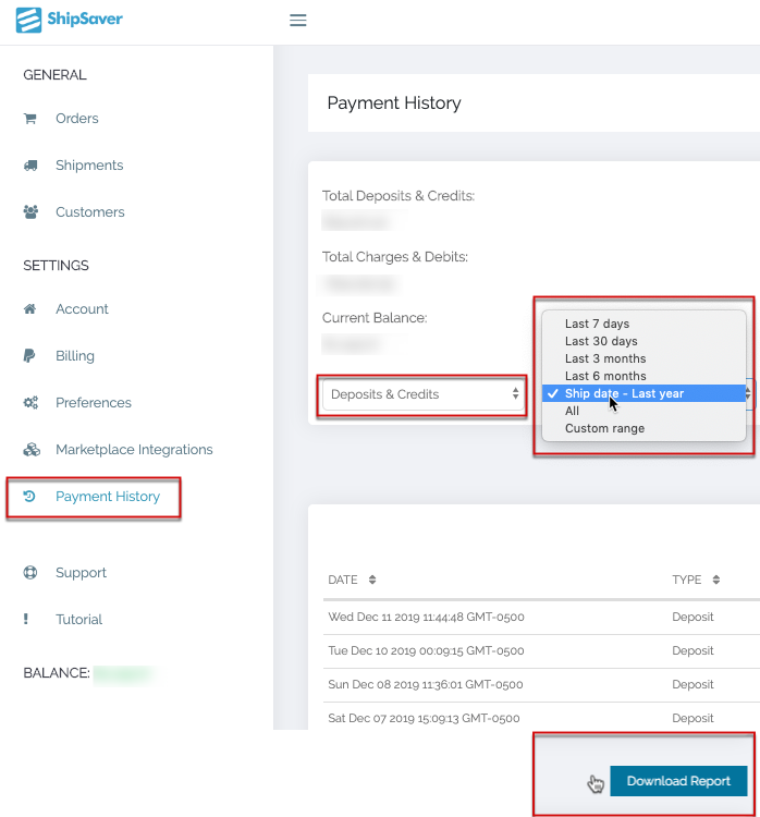 ShipSaver Payment History page with transaction filters and Download Report highlighted