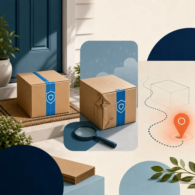Three package moments protected by ShipSaver: a safe porch delivery, a damaged shipment, and a lost package route